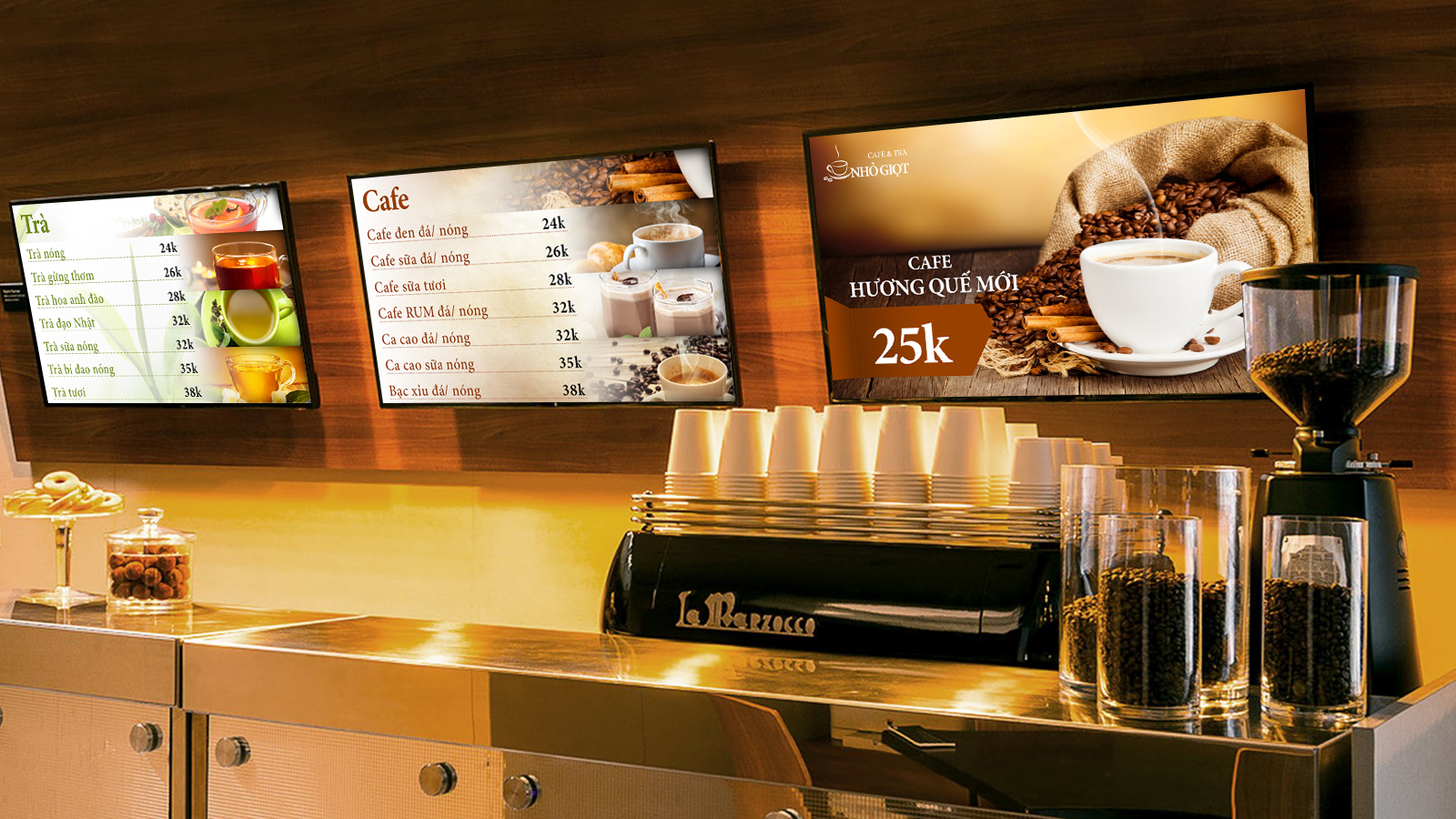 Màn hình quảng cáo kỹ thuật số  giúp tăng doanh thu chuỗi café